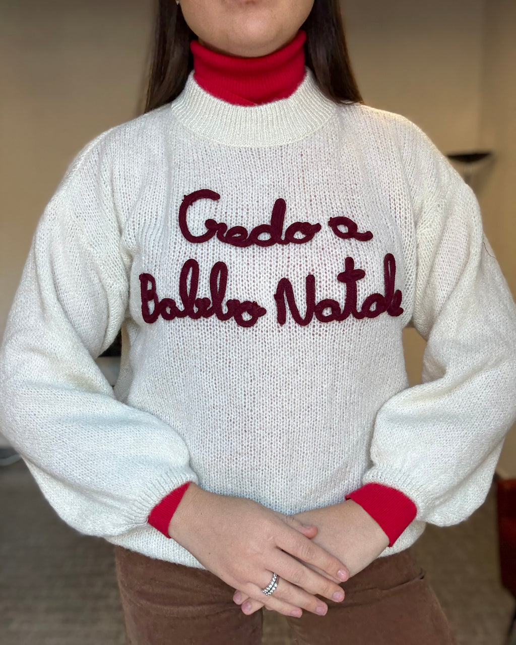 Maglione Panna "Credo a Babbo Natale" Ricamo Bordeaux