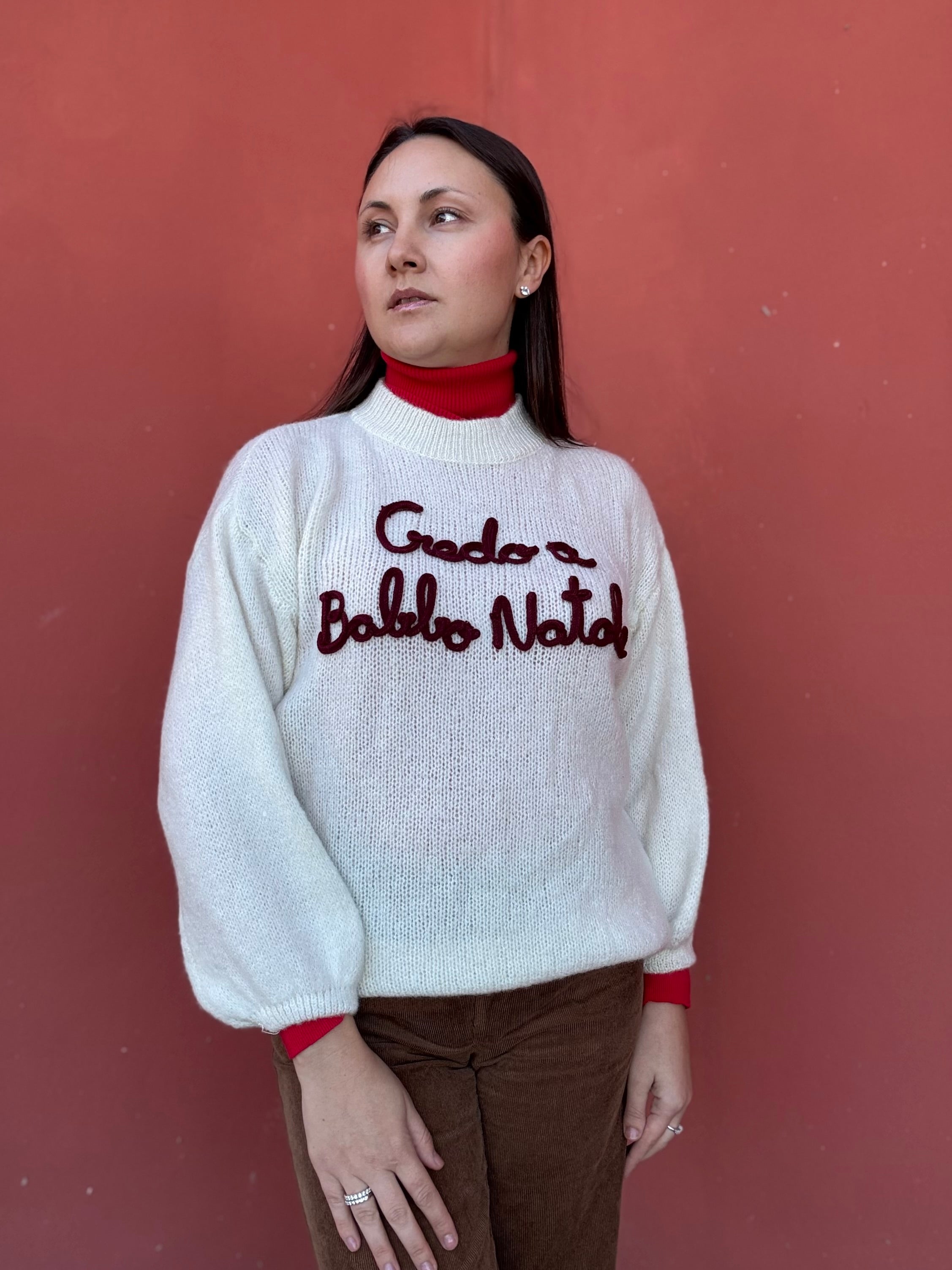 Maglione Panna "Credo a Babbo Natale" Ricamo Bordeaux