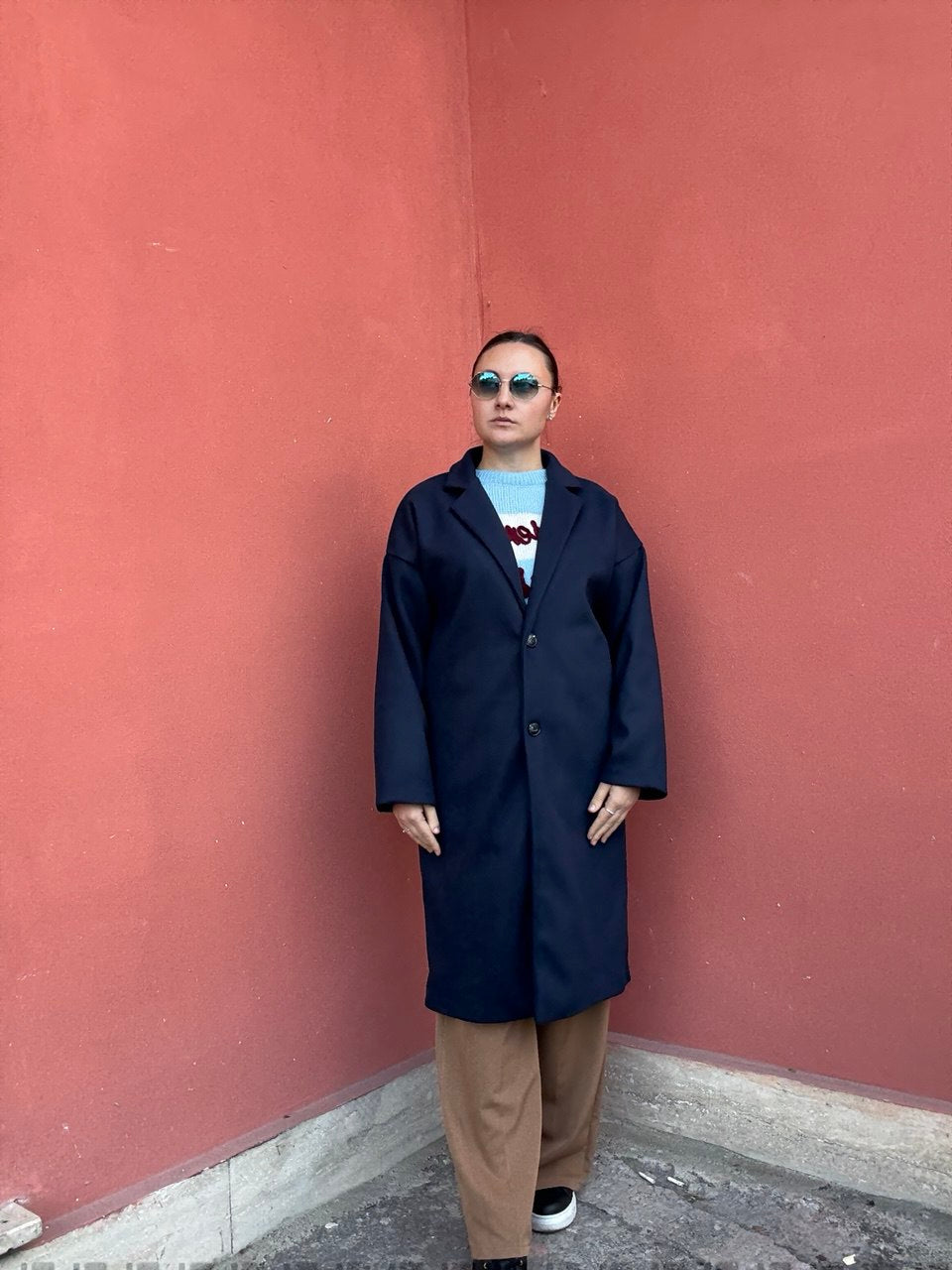 Cappotto lungo blu navy donna vestibilità oversize contemporanea