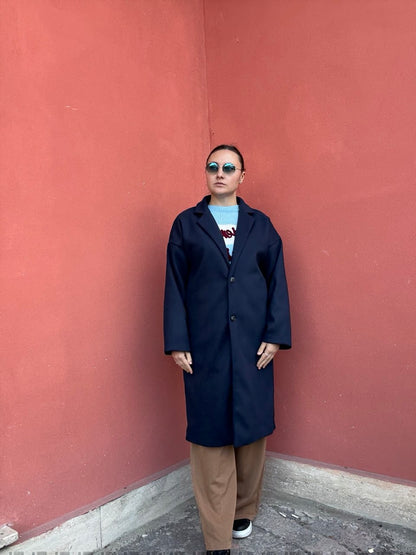Cappotto lungo blu navy donna vestibilità oversize contemporanea