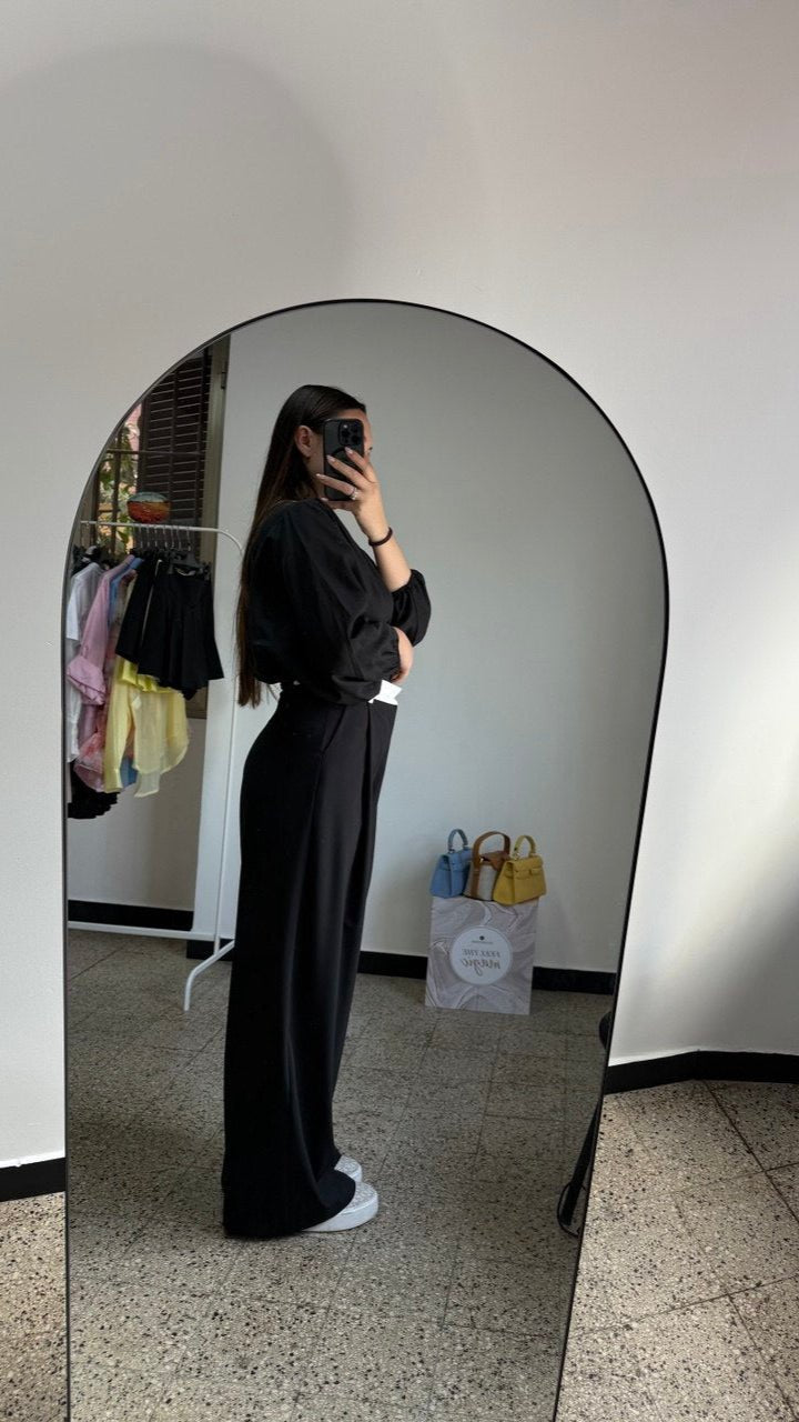 Pantalone Palazzo Nero "Lumina" con Dettaglio in Vita - Nùa Boutique