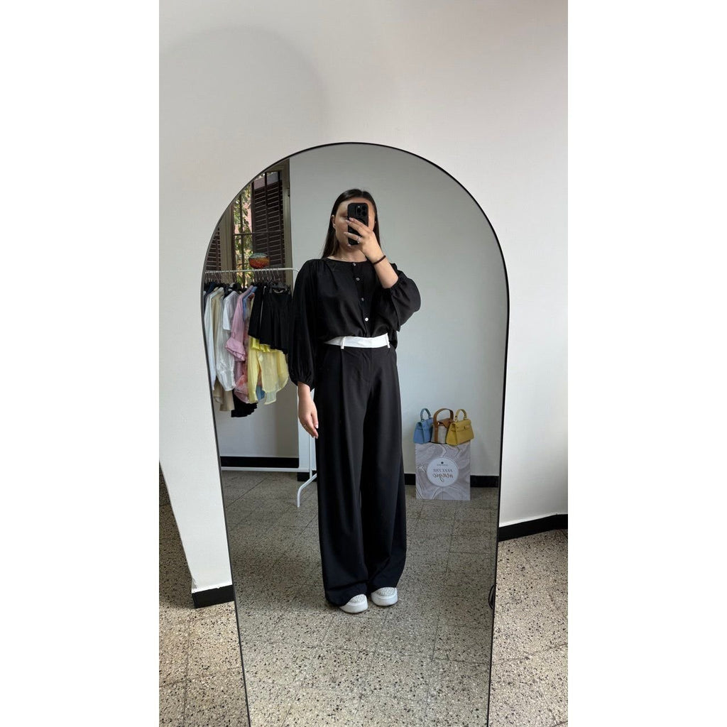 Pantalone Palazzo Nero "Lumina" con Dettaglio in Vita - Nùa Boutique