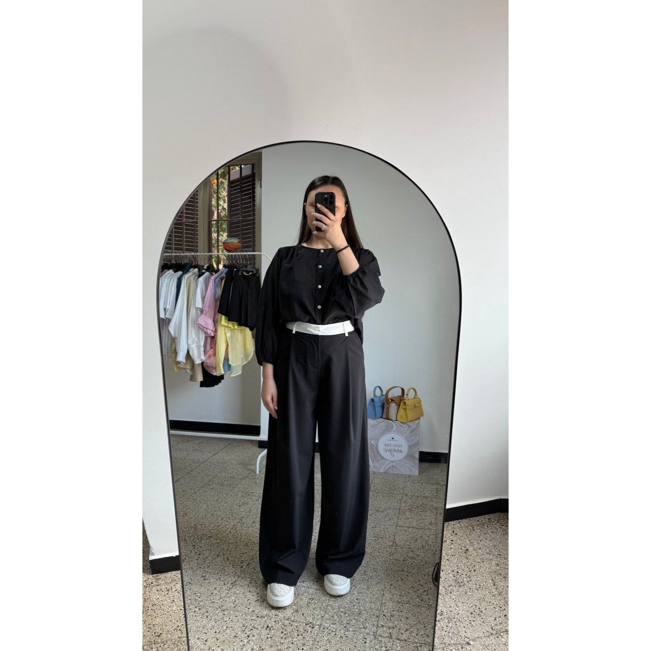 Pantalone Palazzo Nero "Lumina" con Dettaglio in Vita - Nùa Boutique