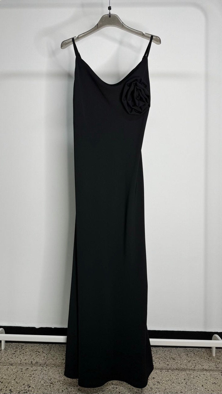 Vestito Lungo Nero "Cherry Blu" con Fiore Applicato - Nùa Boutique